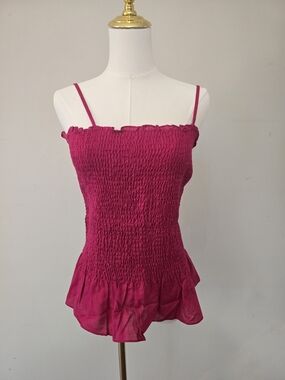 Maeve Anthropologie Fuchsia Pink Cotton And Linen Smocked Ruffle Hem Cami